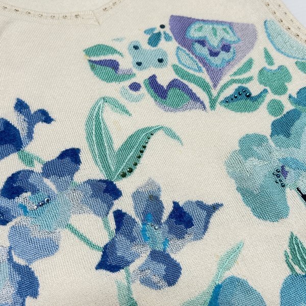 #auc レオナール LEONARD アンサンブル M アイボリー 紺 青 緑 ニット 花柄 ラインストーン ビーズ 難あり レディース [965693]_画像8