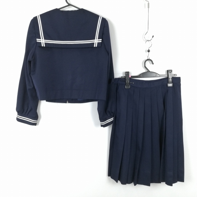 1円 セーラー服 スカート 上下2点セット 大きいサイズ 冬物 白2本線 女子 学生服 宮崎都農中学 紺 制服 中古 ランクC EY1470_画像2