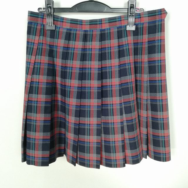 1円 スクールスカート 大きいサイズ 夏物 w72-丈47 チェック 中学 高校 プリーツ 学生服 制服 女子 中古 HK3181_画像1