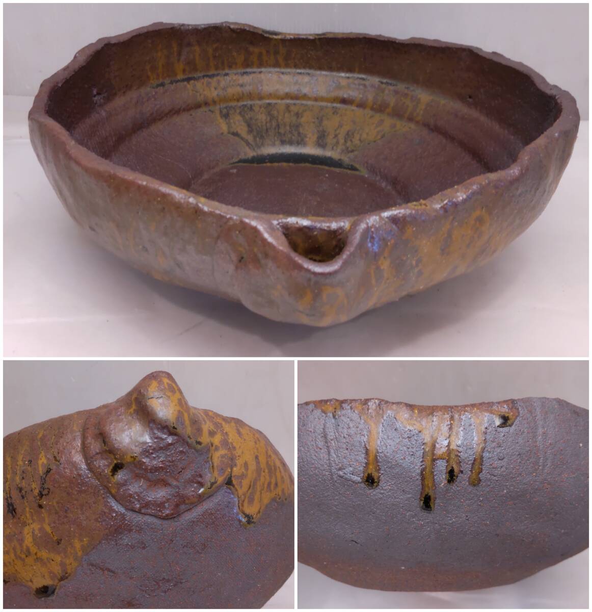 Y100110■信楽焼 つくばい花器 口径約28cm 幅約30cm 高さ約8cm 尺丸古池 茶道具 蹲い 手洗い 水鉢 竹の杓置き・台座付き 陶器■_画像4