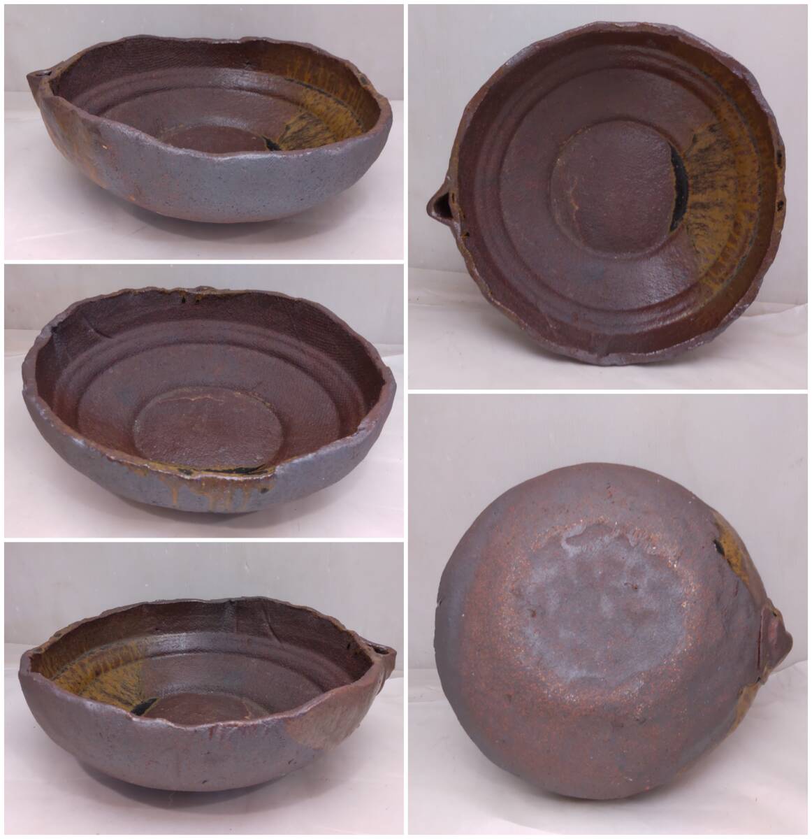 Y100110■信楽焼 つくばい花器 口径約28cm 幅約30cm 高さ約8cm 尺丸古池 茶道具 蹲い 手洗い 水鉢 竹の杓置き・台座付き 陶器■_画像5