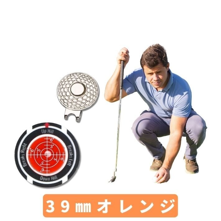 オレンジ ゴルフ 水平器 マーカー カジノチップ型 帽子クリップ付き 傾斜 測定 グリーン 読み パター 練習 コンペ 景品 ボールマーカー_画像1