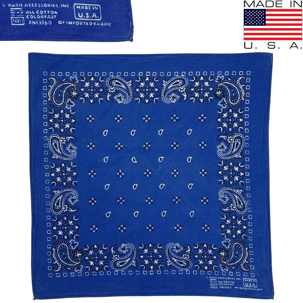 80s ビンテージ MADE IN USA製 バンダナ 青 ロイヤルブルー クロス ペイズリー PARIS パリス RN 13960 米国製 JAY AMDAMAS ジェイアダムス_画像1