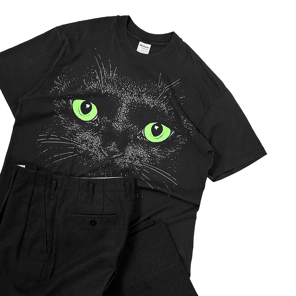 MADE IN USA製 90s ビンテージ STEDMAN CAT 猫 Tシャツ 墨黒 XL 黒 フェード ブラック 大判 アニマル 動物 アメリカ製 シングル ステッチ_画像4