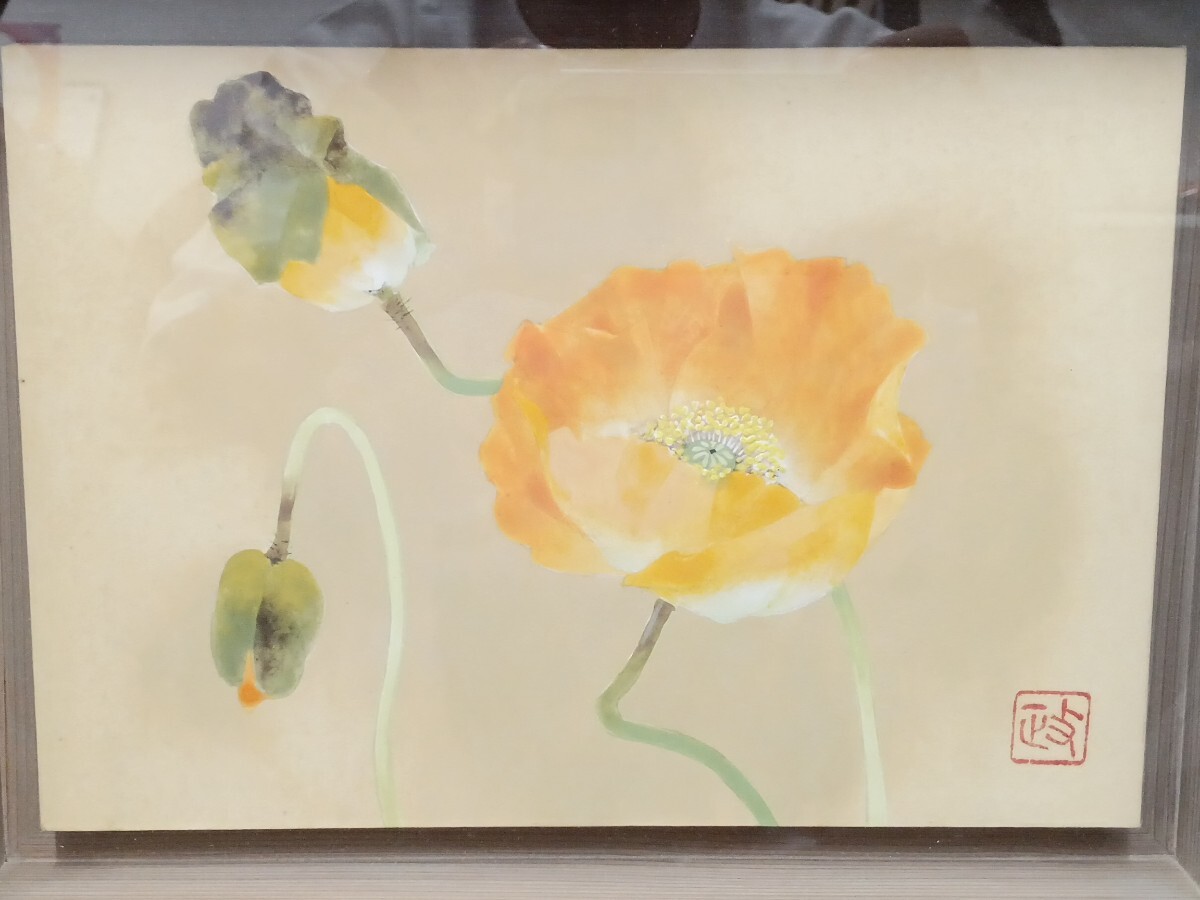 【10769】松岡政信「けし」日本画 ケシの花 SM号 元箱黄袋付 真作保証_画像3