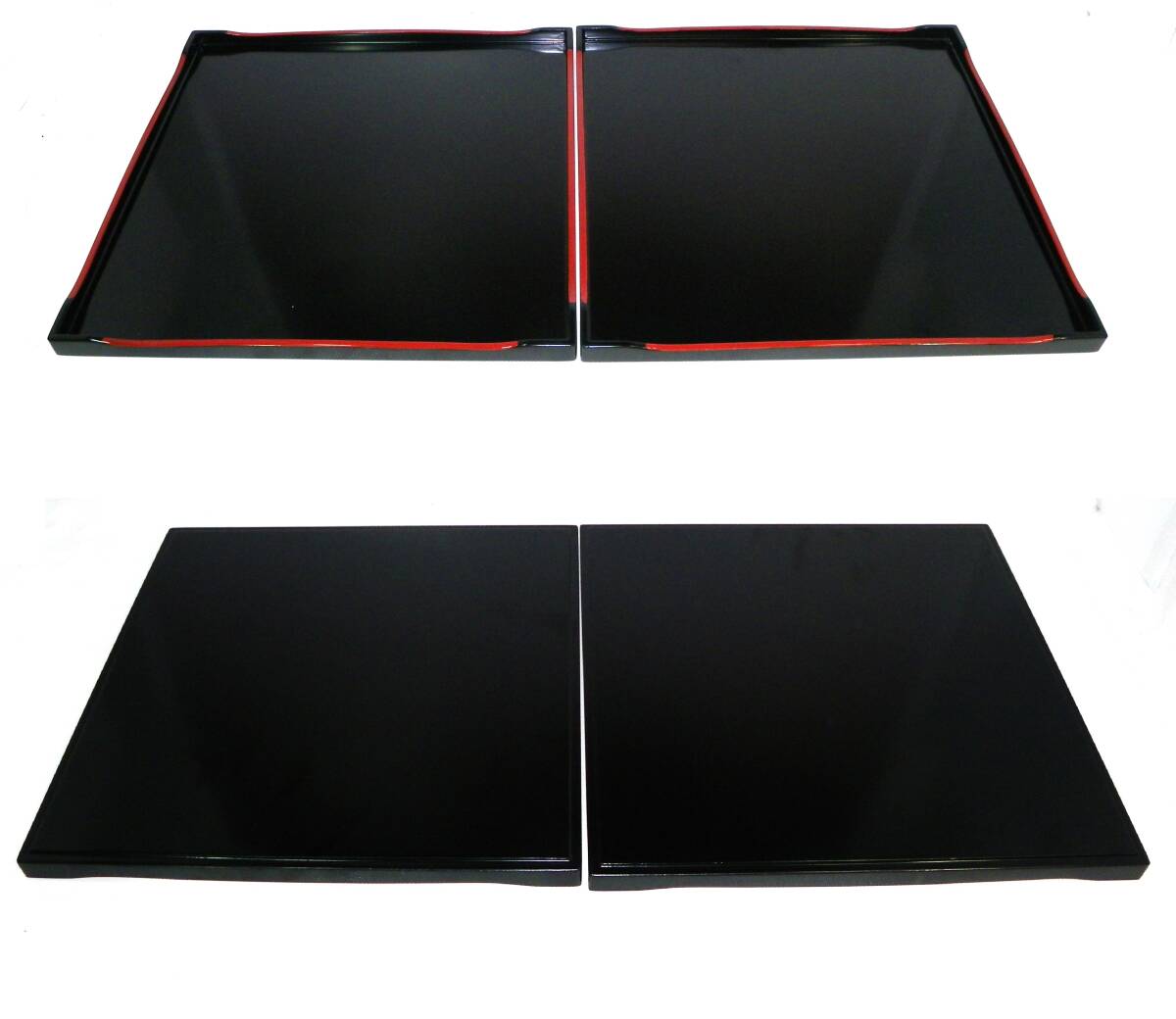 ゆうパック.100サイズ送料記載済み アソベ 漆器 木製 お盆 角盆4枚と置台 塗り.盆.4枚 H/1.2㎝位・30.5㎝位x30.5㎝位(赤枠.樂多我)_画像7