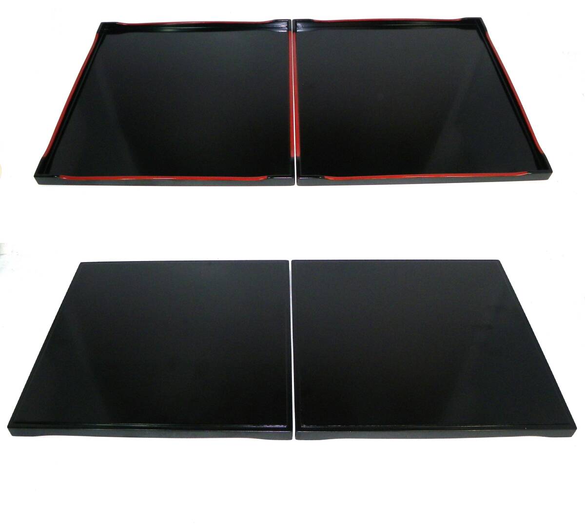 ゆうパック.100サイズ送料記載済み アソベ 漆器 木製 お盆 角盆4枚と置台 塗り.盆.4枚 H/1.2㎝位・30.5㎝位x30.5㎝位(赤枠.樂多我)_画像6