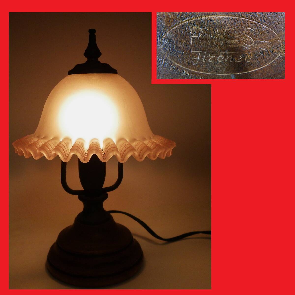 ゆうパック.80サイズ送料記載済み　テーブル.ランプ　卓上照明　ヒラヒラ傘　ガラス傘　木製台　（赤枠.樂多我）_画像1