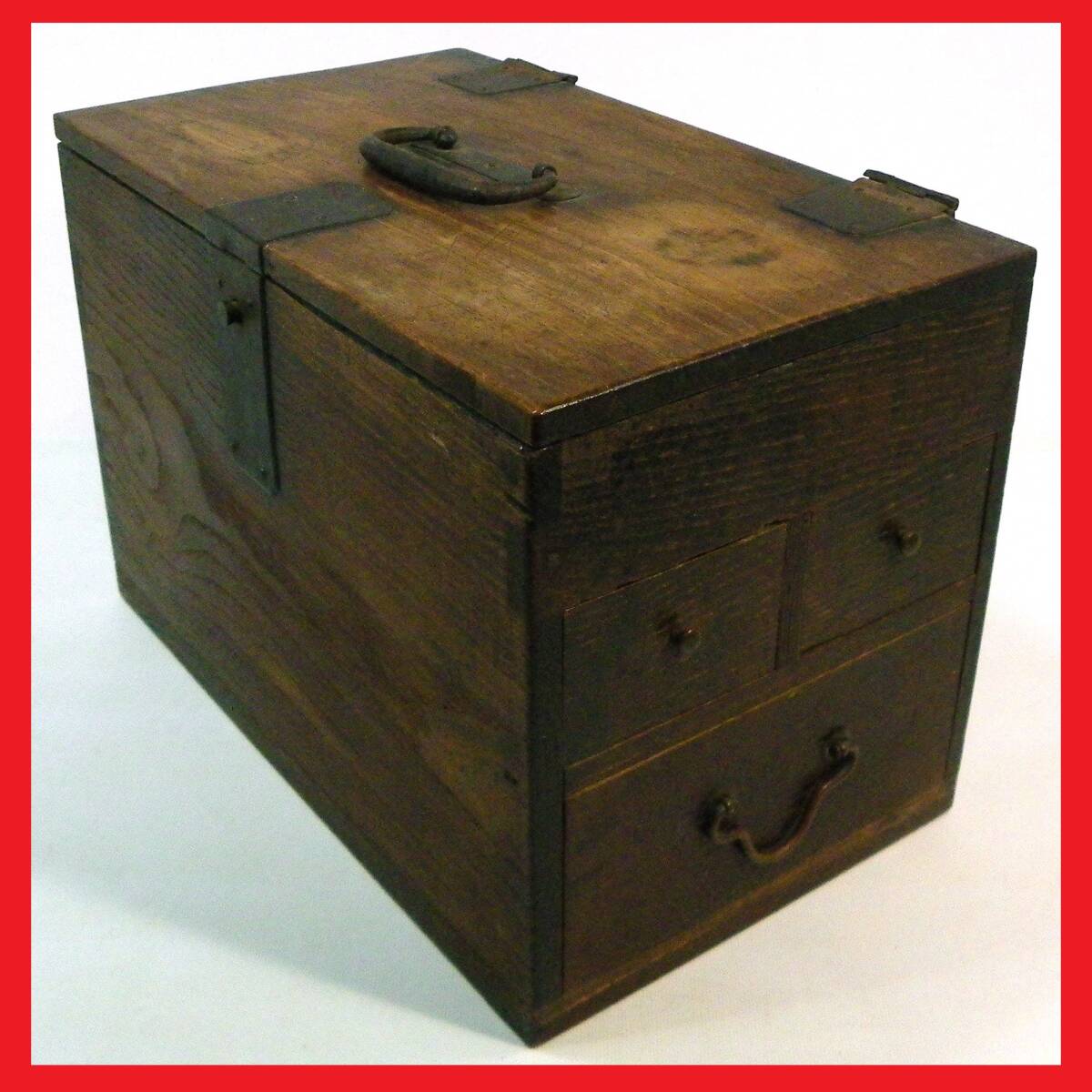 ゆうパック.80サイズ送料記載済み　硯箱 木製 アンティーク レトロ 古民具 時代物　硯箱　引き出し付き.箱　ジャンク（赤枠.楽）_画像1