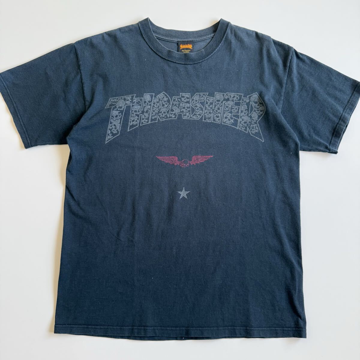 90s THRASHER スカルロゴ Tシャツ XL ビンテージ OLD スケート スラッシャー MAGAZINE スカルウイング _画像2