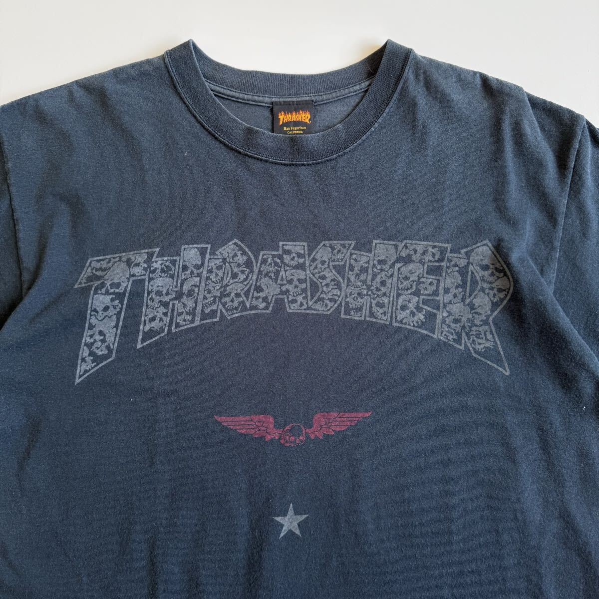 90s THRASHER スカルロゴ Tシャツ XL ビンテージ OLD スケート スラッシャー MAGAZINE スカルウイング _画像1