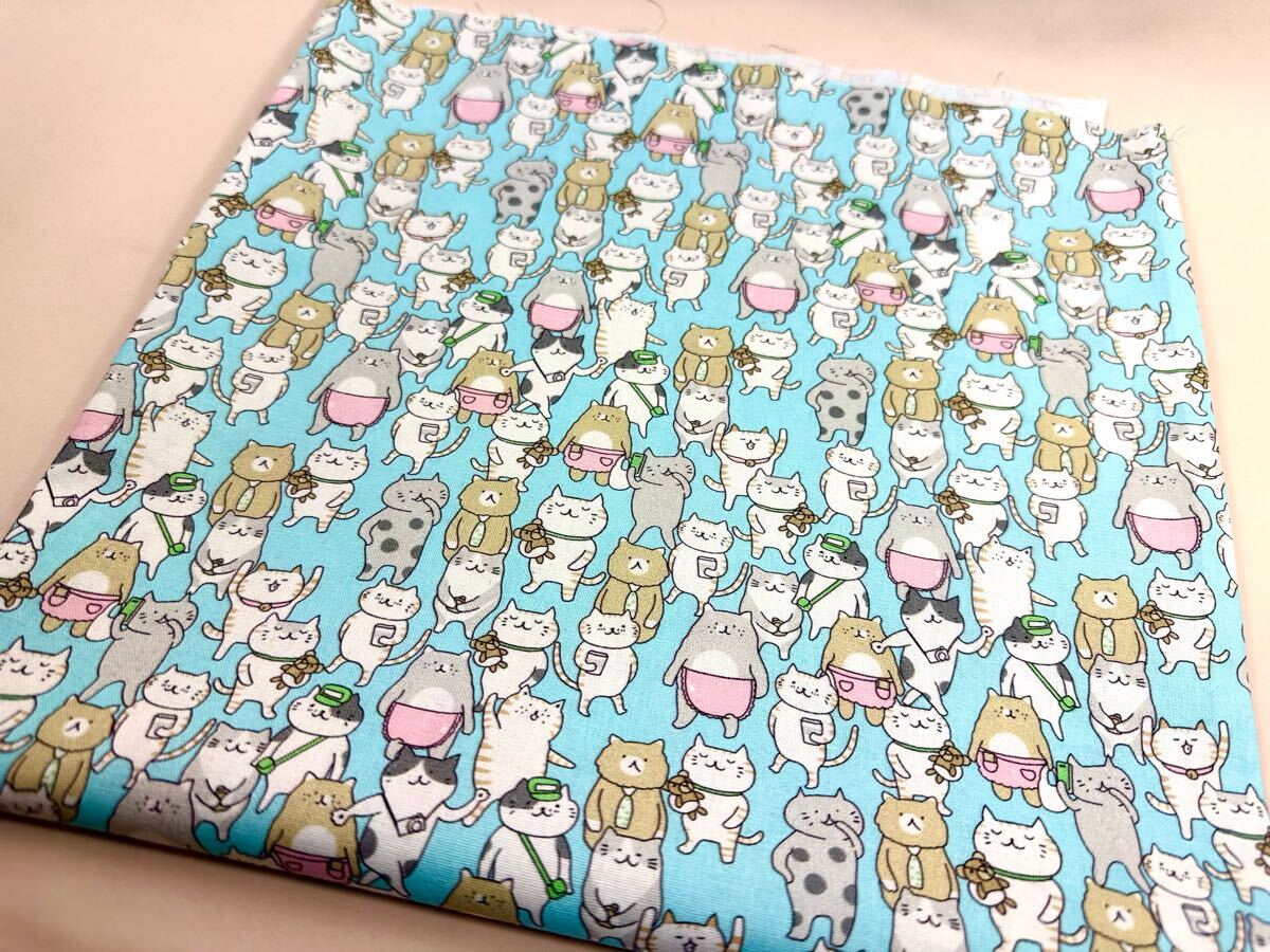 USAシーチング.綿100%生地.幅110cm×50cm.水色地.猫_画像2