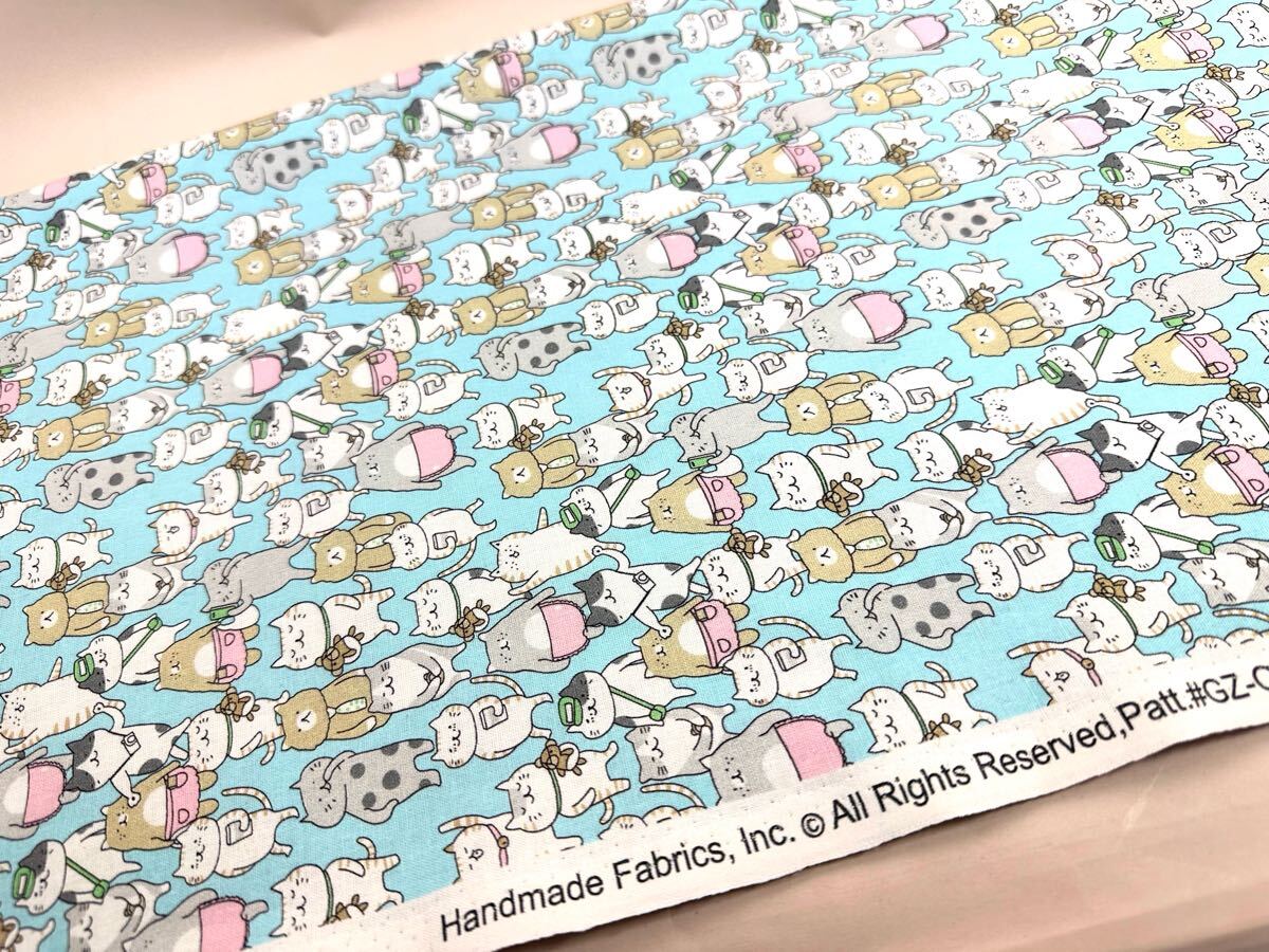 USAシーチング.綿100%生地.幅110cm×50cm.水色地.猫_画像5
