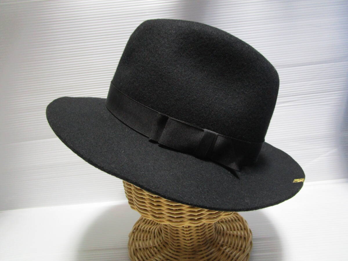 超特価!日本製!美品即決!CA4LA カシラ メンズ 中折れ ウール × シルク(リボン部分) フェルト ハット ソフト帽 Black 無地 size 約61cm_画像3