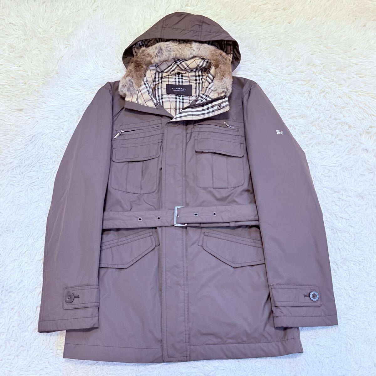 【美品】BURBERRY BLACK LABEL バーバリーブラックレーベル ダウンコート ベルト ファー ノバチェック メンズ キルティング M ブラウン_画像2