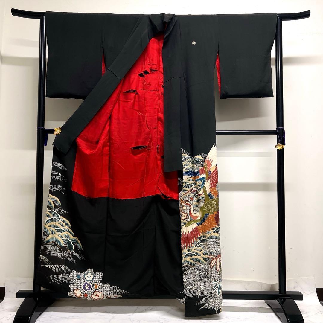 黒留袖　アンティーク　五つ紋　相良刺繍　刺繍　鶴　松竹梅　着物　104tz_画像3