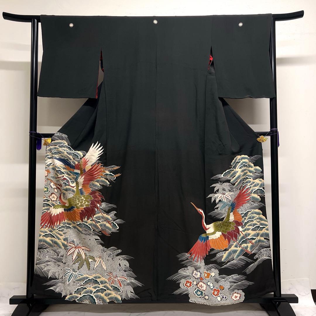 黒留袖　アンティーク　五つ紋　相良刺繍　刺繍　鶴　松竹梅　着物　104tz_画像1