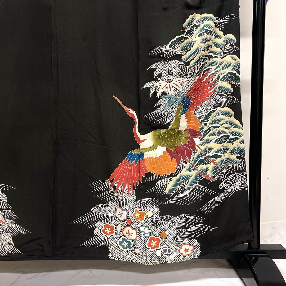 黒留袖　アンティーク　五つ紋　相良刺繍　刺繍　鶴　松竹梅　着物　104tz_画像5
