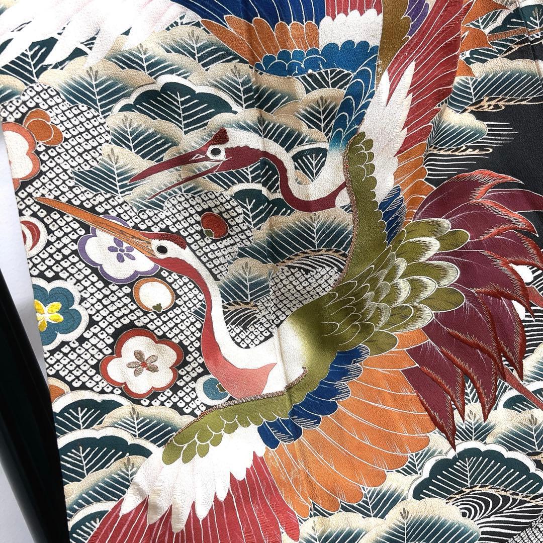 黒留袖　アンティーク　五つ紋　相良刺繍　刺繍　鶴　松竹梅　着物　104tz_画像6