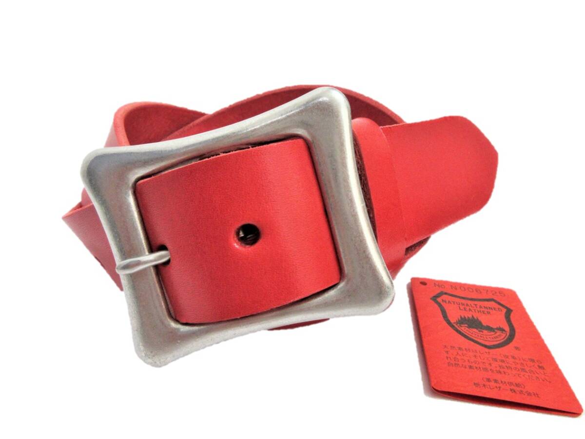 栃木レザーベルト（赤）ニッケルバレル鍍金バックル　４０ｍｍ幅　一枚革_画像1