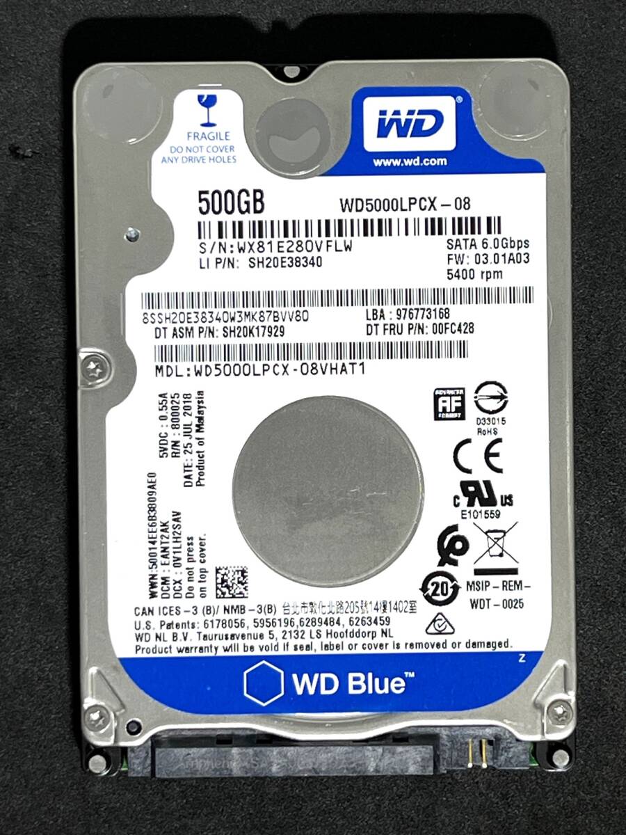 ★ 500GB ★ WD5000LPCX / Western Digital Blue 【使用時間：8703ｈ】　良品　2018年製　WD 2.5インチ 内蔵 HDD 7mm SATA [管理■59VF]_画像1