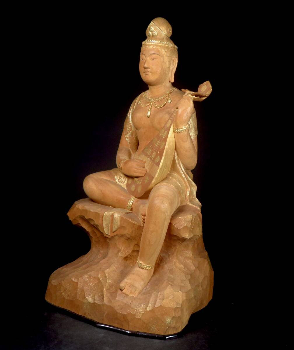 【SAKURAYA】秀逸作品【彩色木彫 弁財天 置物/平櫛田中一門 花田一男】金彩 細密彫刻 時代物 希少品 作家 共箱 骨董品 古美術品 高さ51.5cm_画像5