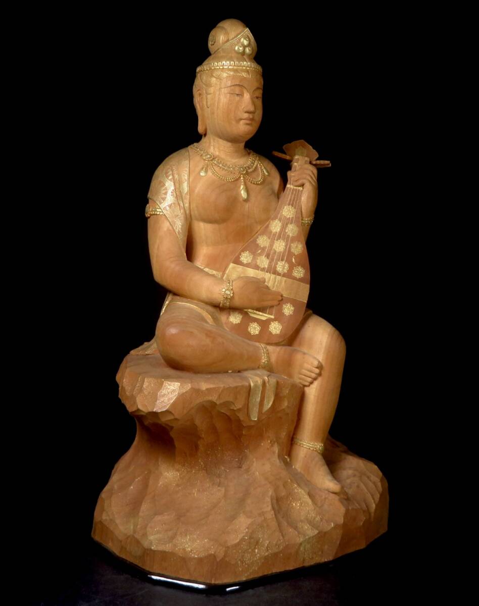 【SAKURAYA】秀逸作品【彩色木彫 弁財天 置物/平櫛田中一門 花田一男】金彩 細密彫刻 時代物 希少品 作家 共箱 骨董品 古美術品 高さ51.5cm_画像8