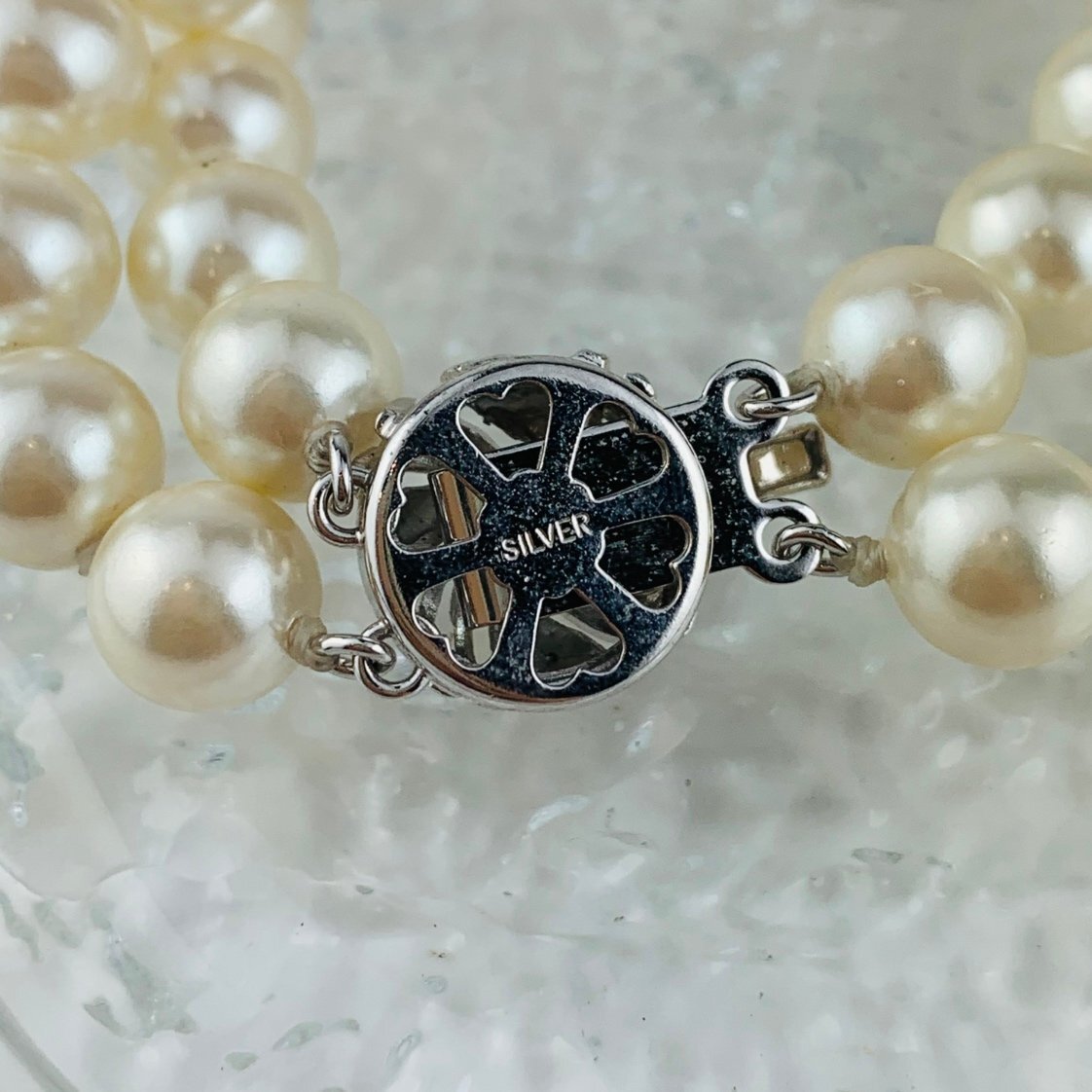 【77】 パール ブレスレット 真珠 シルバー SILVER刻印 2連 レディース メンズ アクセサリー 人気 (約) 全長18.0cm 8.0mm珠 32.4g (3175)_画像8