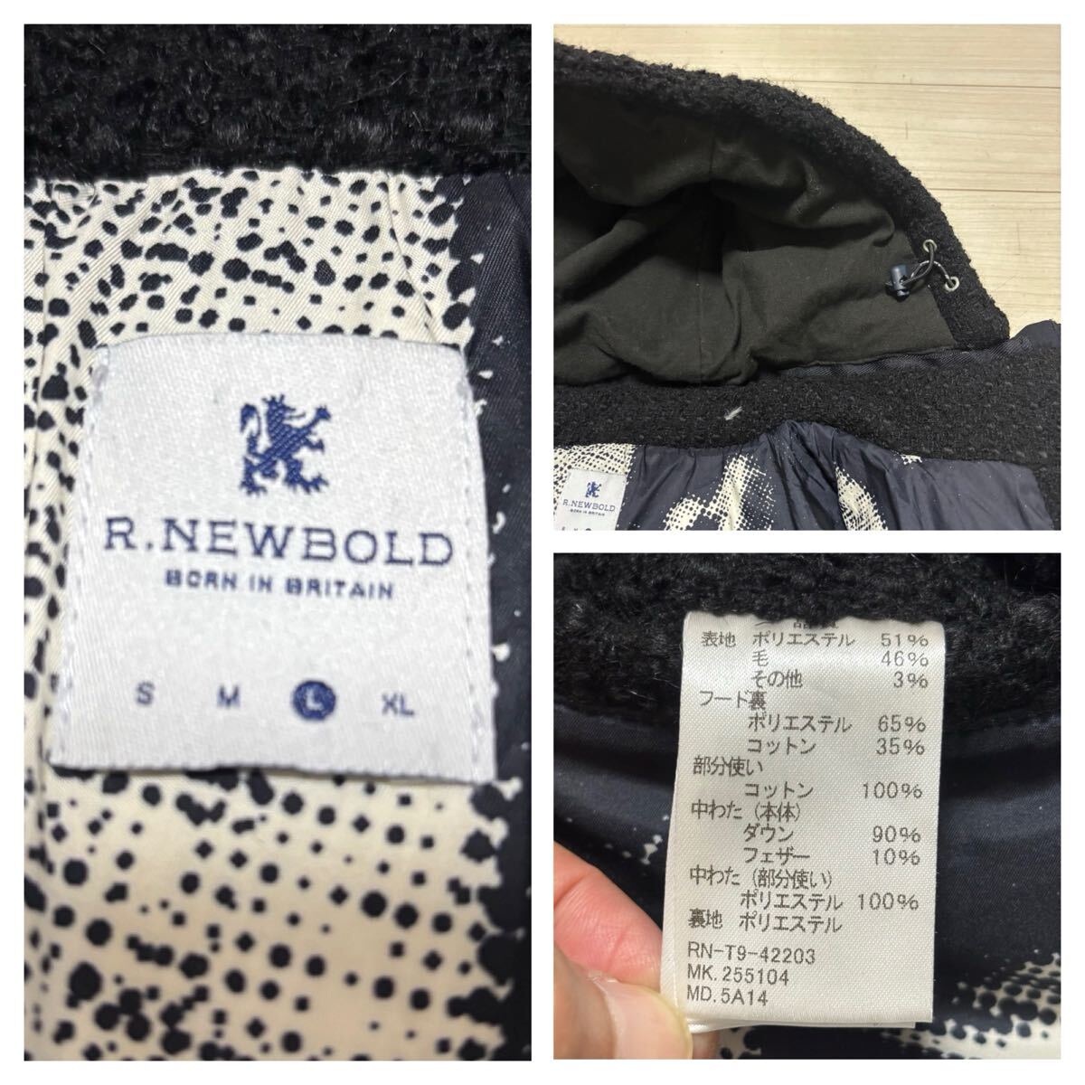 良品■R.NEWBOLD ポールスミス■ブークレー ダウン ジャケット 裏地総柄 L 黒 ブラック パーカー フード着脱可能 アールニューボールド_画像10