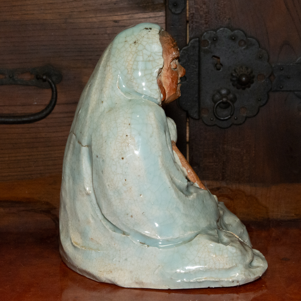 時代 青磁 達磨大師 坐像 在銘 置物 古玩 煎茶道具 仏像 古青磁 古陶磁器 仏教美術_画像6