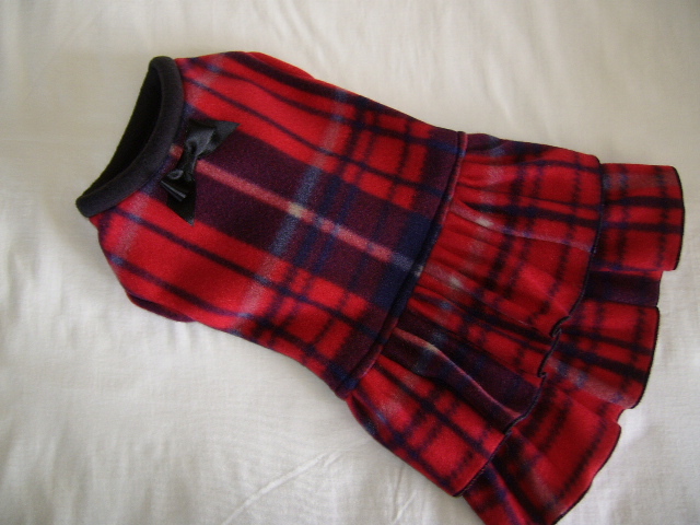 S小型犬フリース赤タータンワンピ_画像1