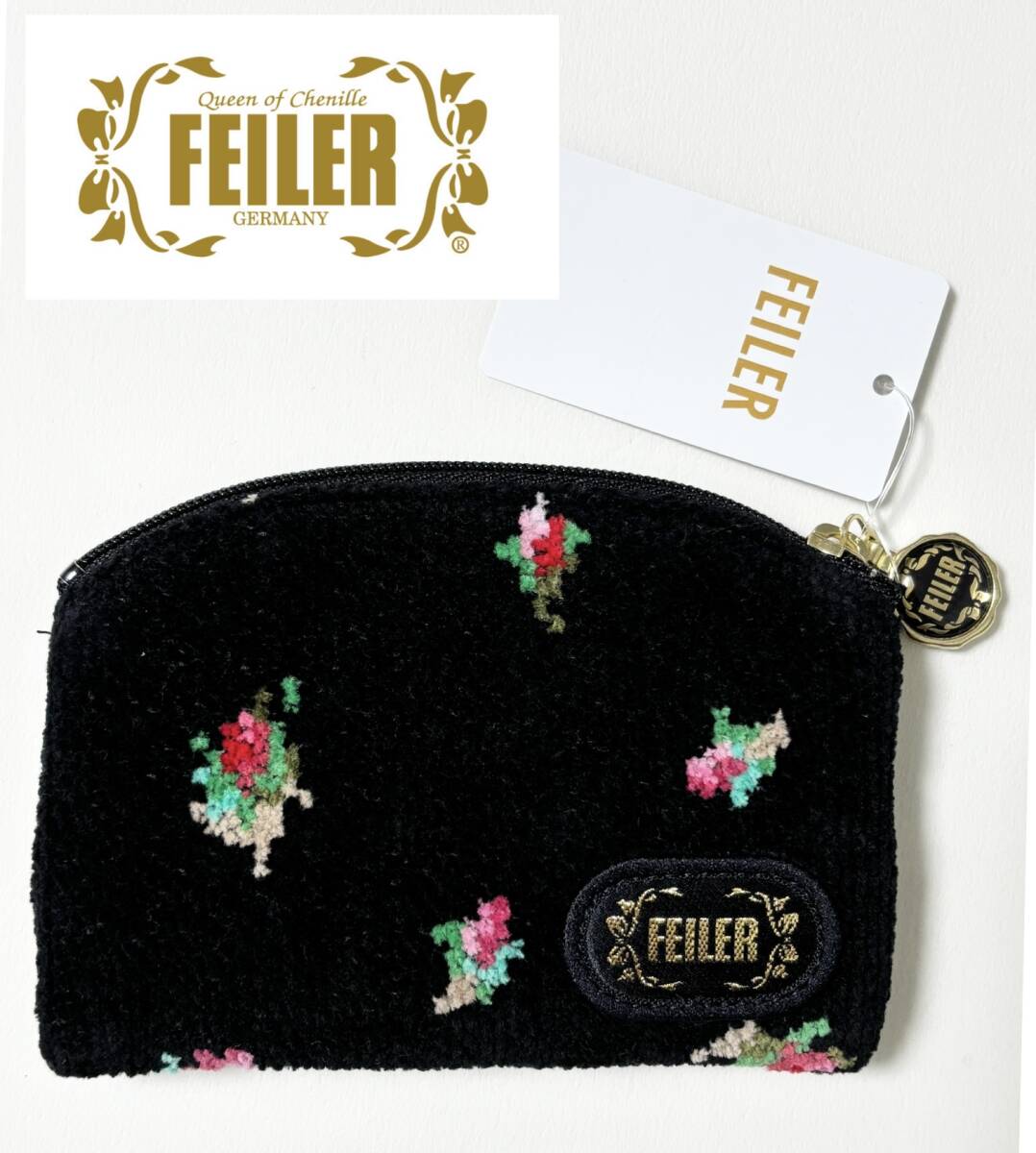 新品 FEILER フェイラー リアローズ ポーチ シェニール織 ファスナー付き ミニポーチ ブラック 花柄_画像1