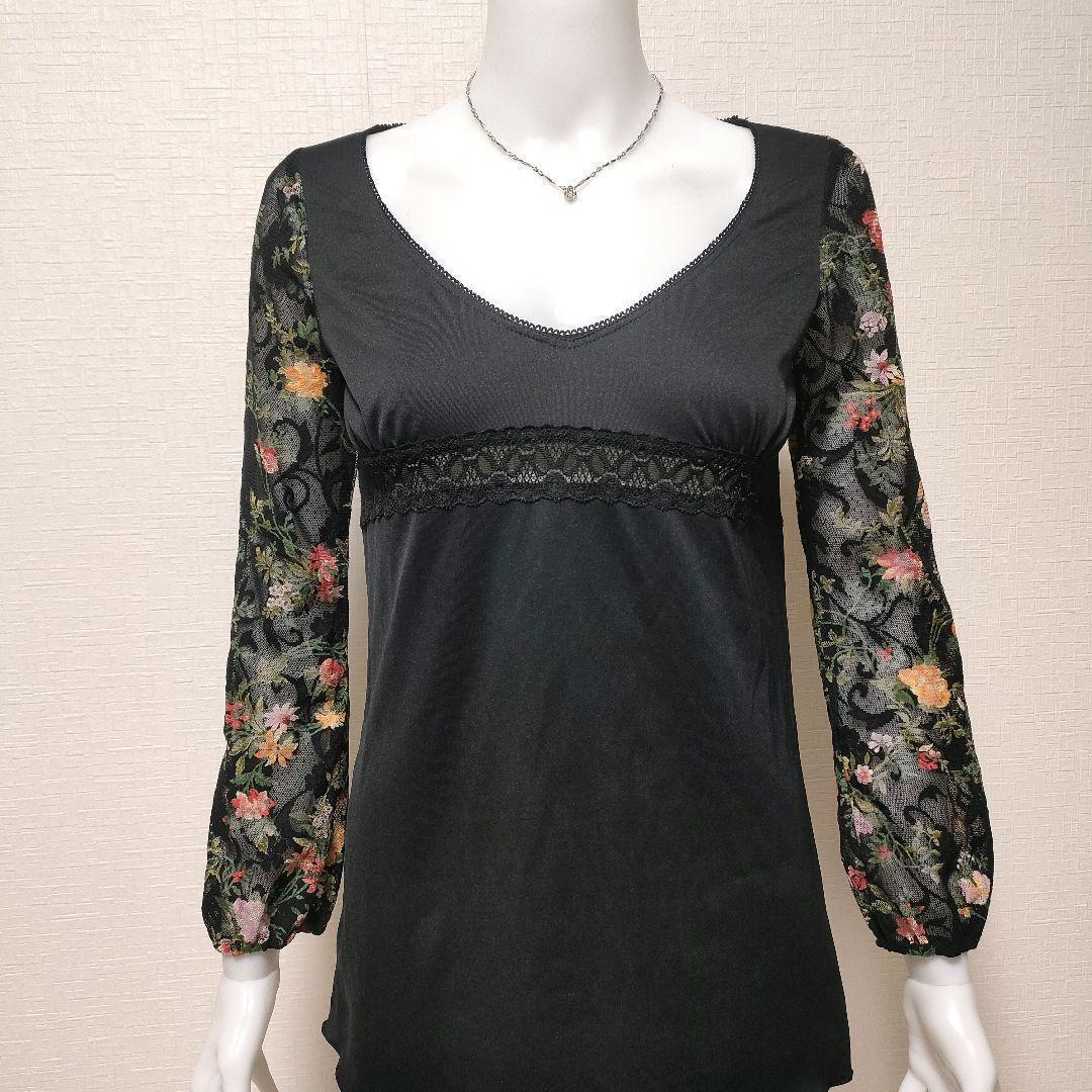 FLOWER CIRCLE フラワーサークル 深Vネック 胸下切替 花柄シアースリーブカットソー 異素材MIX ブラック フリーサイズ ストレッチ_画像1