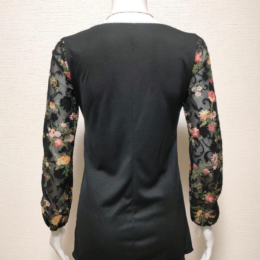 FLOWER CIRCLE フラワーサークル 深Vネック 胸下切替 花柄シアースリーブカットソー 異素材MIX ブラック フリーサイズ ストレッチ_画像2