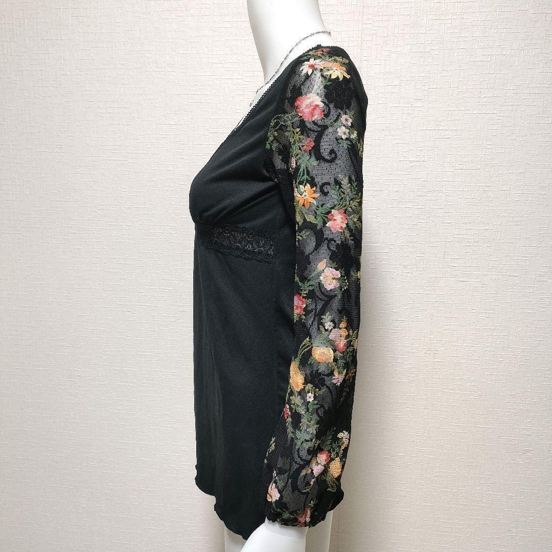 FLOWER CIRCLE フラワーサークル 深Vネック 胸下切替 花柄シアースリーブカットソー 異素材MIX ブラック フリーサイズ ストレッチ_画像3