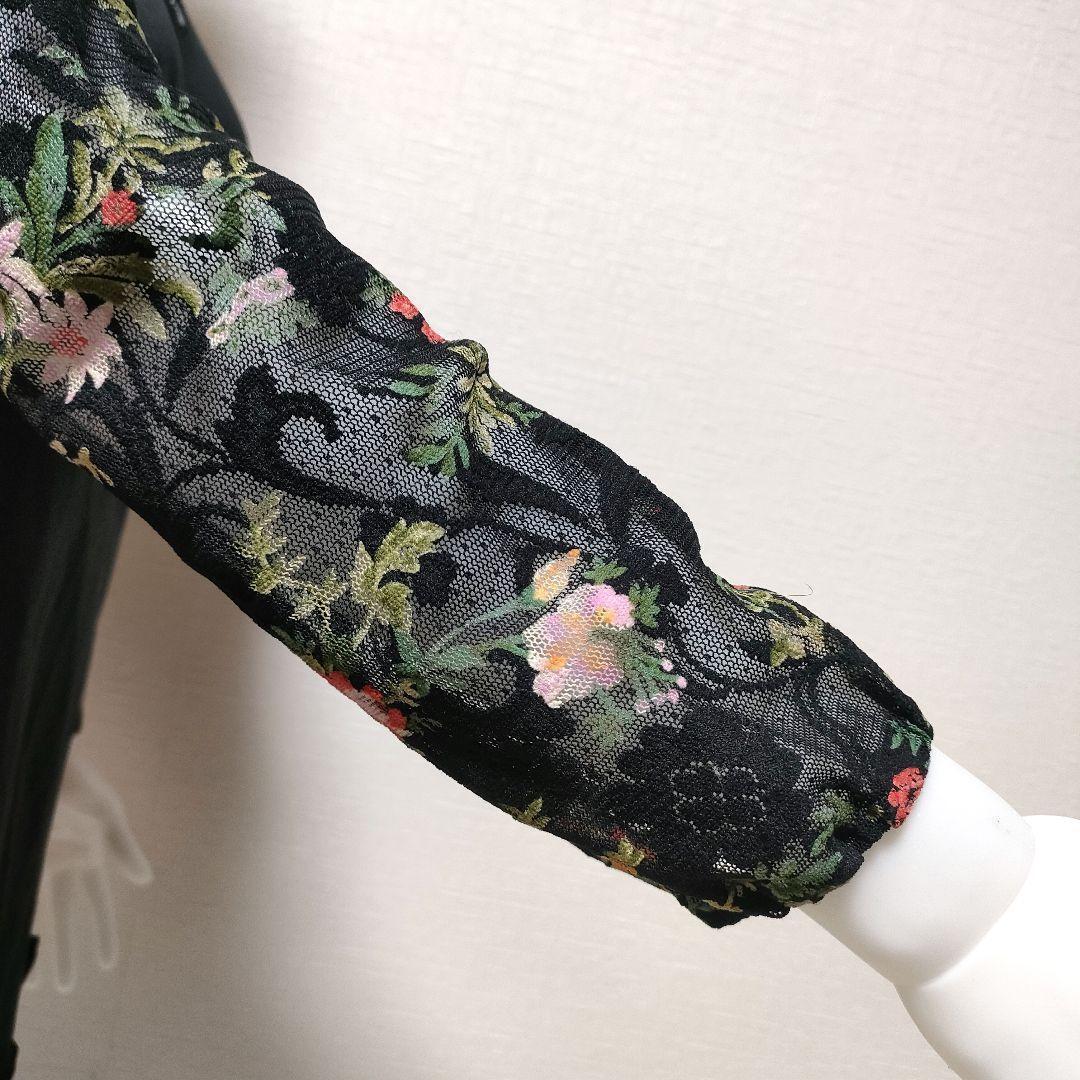 FLOWER CIRCLE フラワーサークル 深Vネック 胸下切替 花柄シアースリーブカットソー 異素材MIX ブラック フリーサイズ ストレッチ_画像6