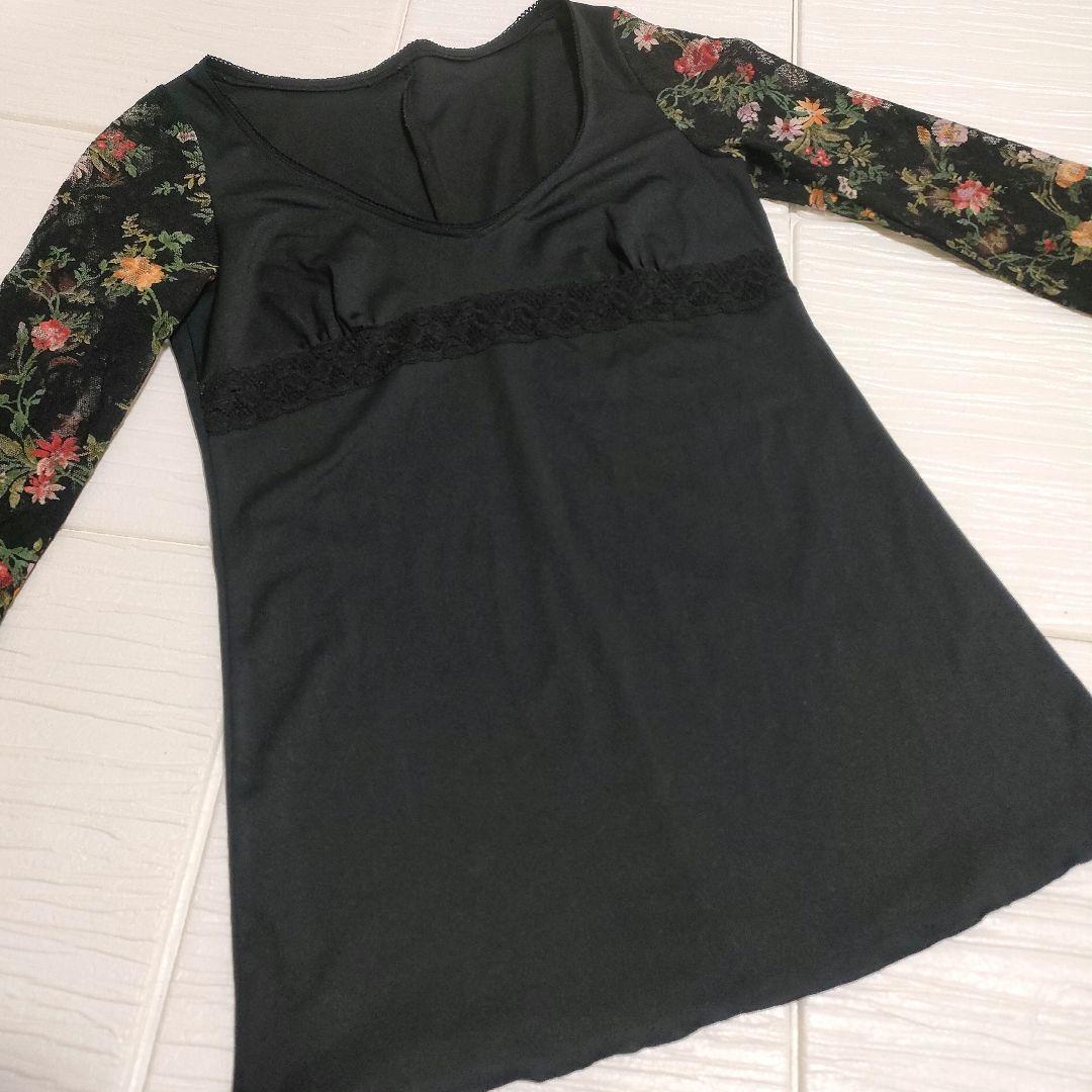 FLOWER CIRCLE フラワーサークル 深Vネック 胸下切替 花柄シアースリーブカットソー 異素材MIX ブラック フリーサイズ ストレッチ_画像7