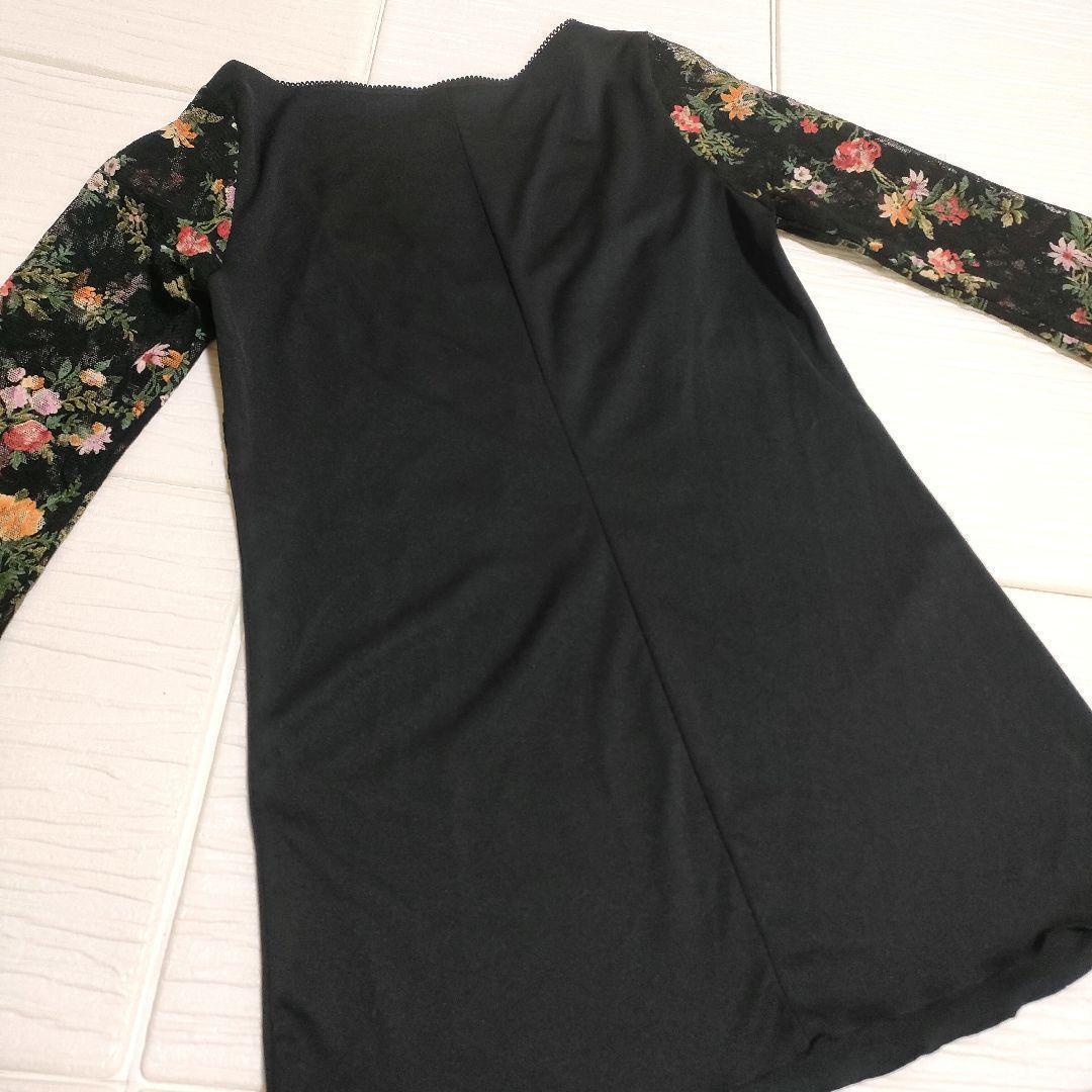 FLOWER CIRCLE フラワーサークル 深Vネック 胸下切替 花柄シアースリーブカットソー 異素材MIX ブラック フリーサイズ ストレッチ_画像8