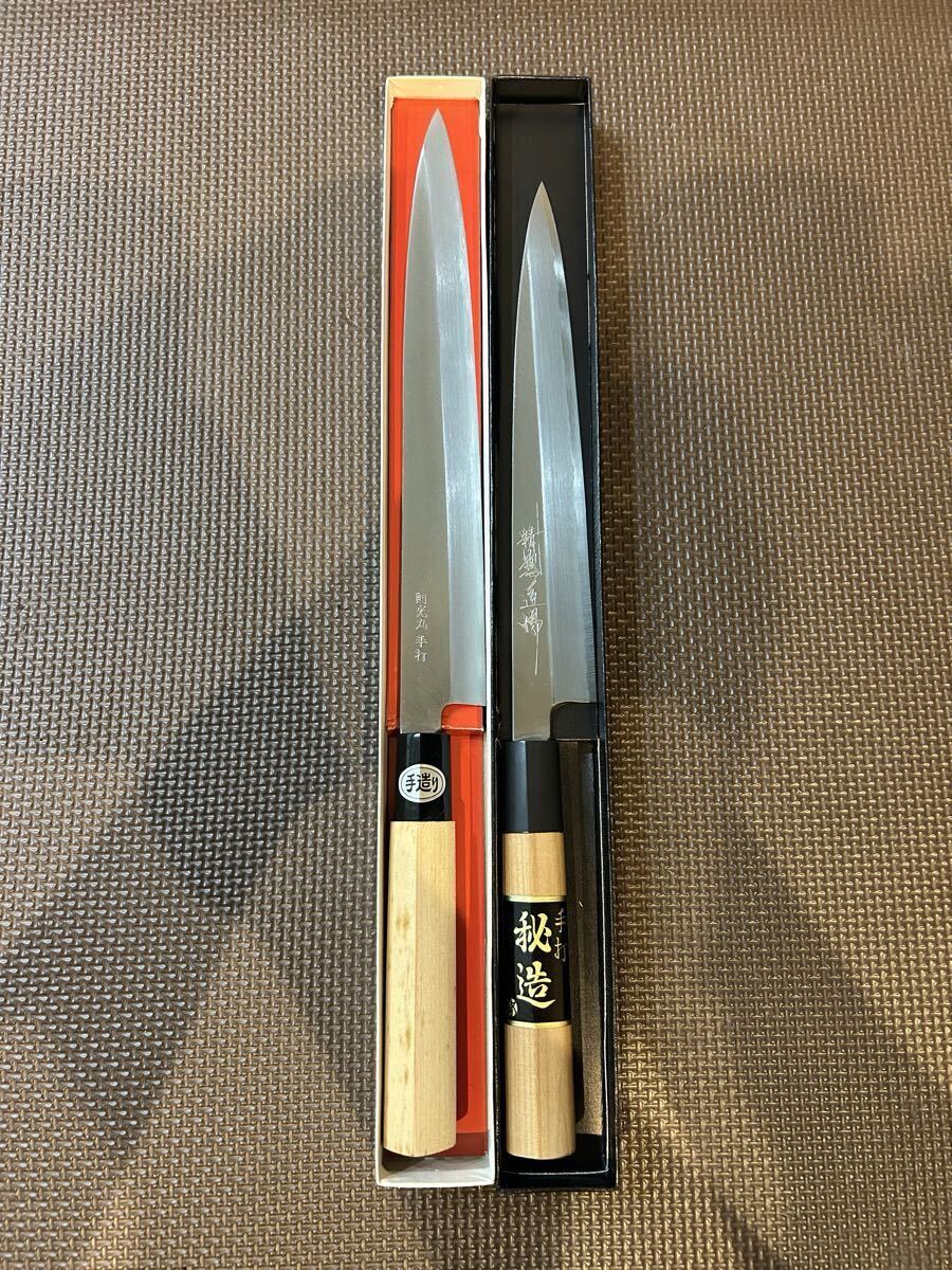 未使用 柳刃包丁 2本 セット 手造り 三木 精魂鍛錬秘造の作 則光丸 21cm 24cm 御料理包丁 手打 刃物 _画像1