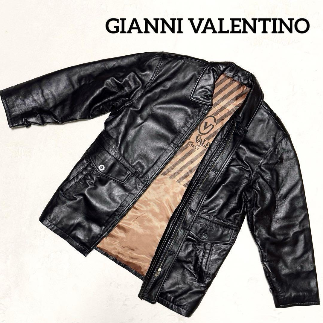 1円~ 美品 上質 GIANNI VALENTINO ジャンニ ヴァレンチノ ラムレザー 羊革 コート メンズ ブラック 大きいサイズ 50 XL相当_画像1