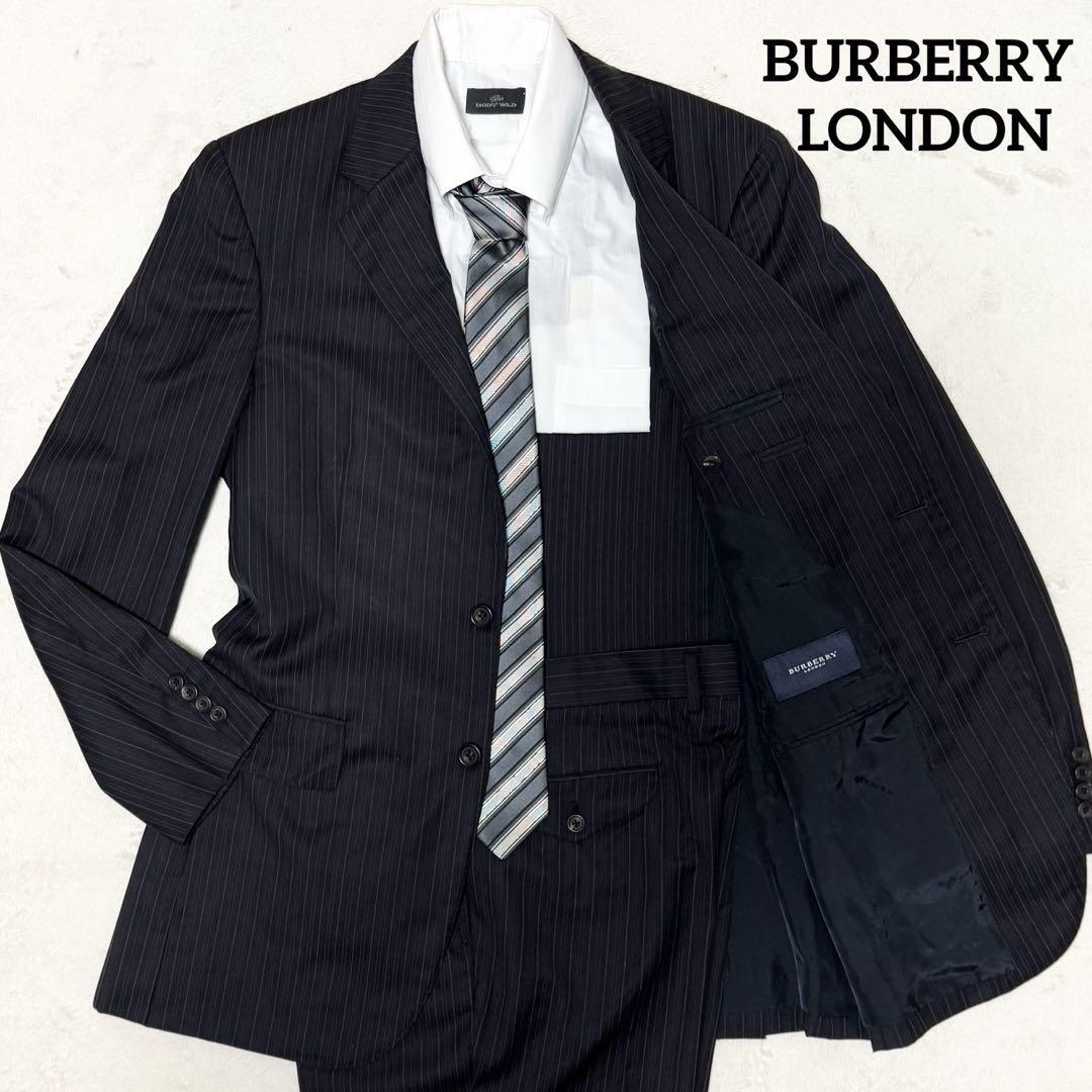 1円~ 美品 BURBERRY LONDON バーバリーロンドン スーツ セットアップ シルク混 ブラック ストライプ A6 L相当_画像1