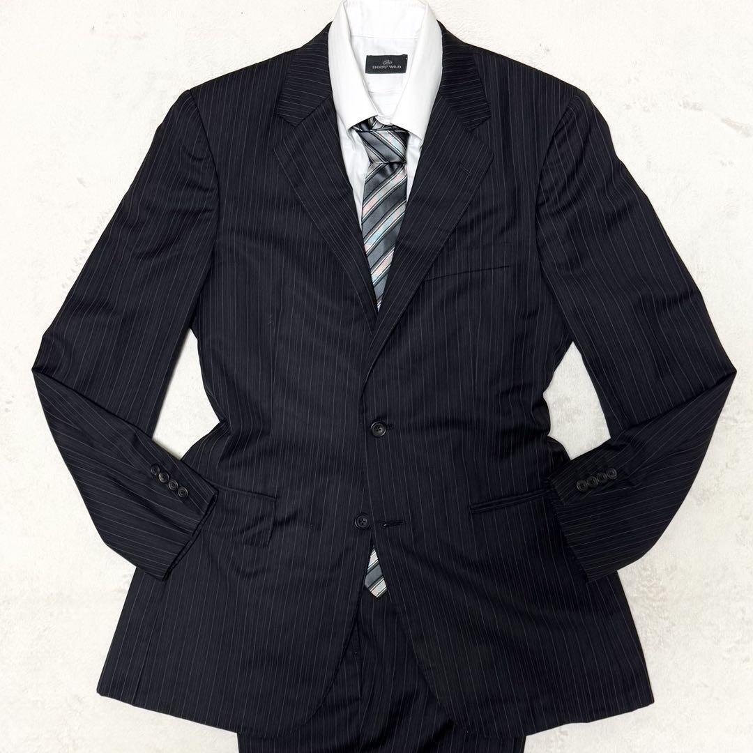1円~ 美品 BURBERRY LONDON バーバリーロンドン スーツ セットアップ シルク混 ブラック ストライプ A6 L相当_画像2