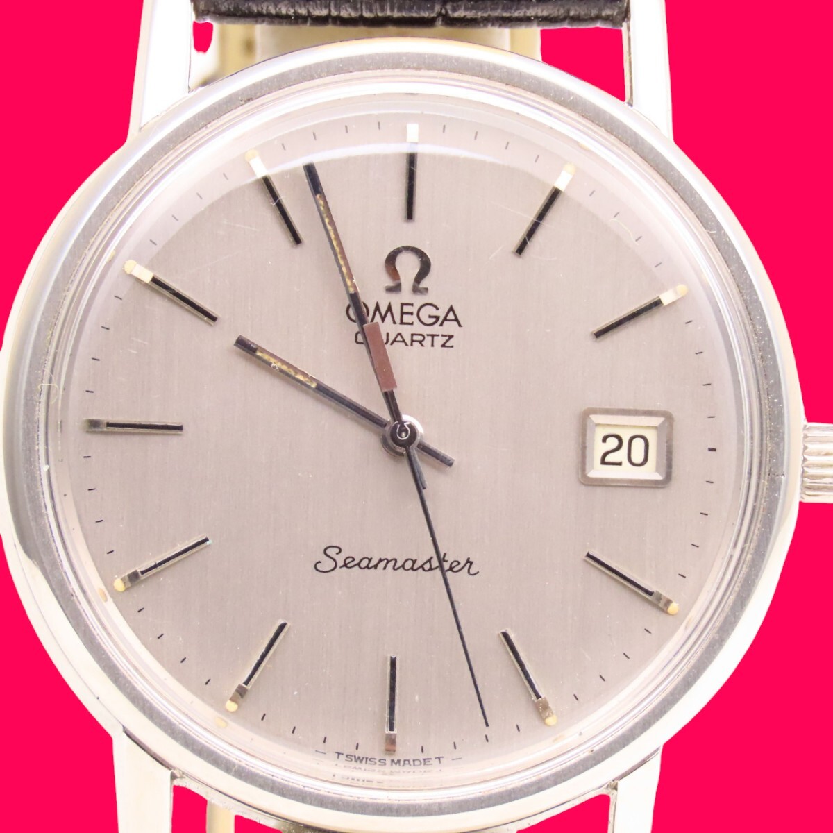 ■♪価格高騰!資産価値！稼働電池新品メンズビンテージ高級超レア！ OMEGA オメガ Seamaster シーマスター デート クオーツ ベルトほぼ新品_画像1