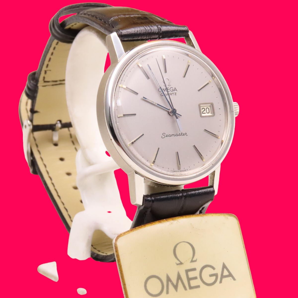 ■♪価格高騰!資産価値！稼働電池新品メンズビンテージ高級超レア！ OMEGA オメガ Seamaster シーマスター デート クオーツ ベルトほぼ新品_画像3