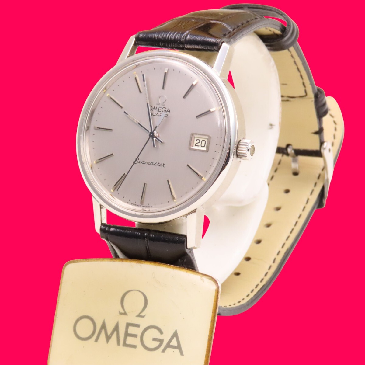 ■♪価格高騰!資産価値！稼働電池新品メンズビンテージ高級超レア！ OMEGA オメガ Seamaster シーマスター デート クオーツ ベルトほぼ新品_画像4