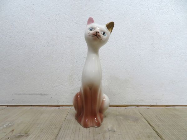 【USED/ビンテージ/左耳補修有】 シャム猫 陶器 置物 検索用⇒ 昭和レトロ/当時物/猫/インテリア/金継/F1005_画像1