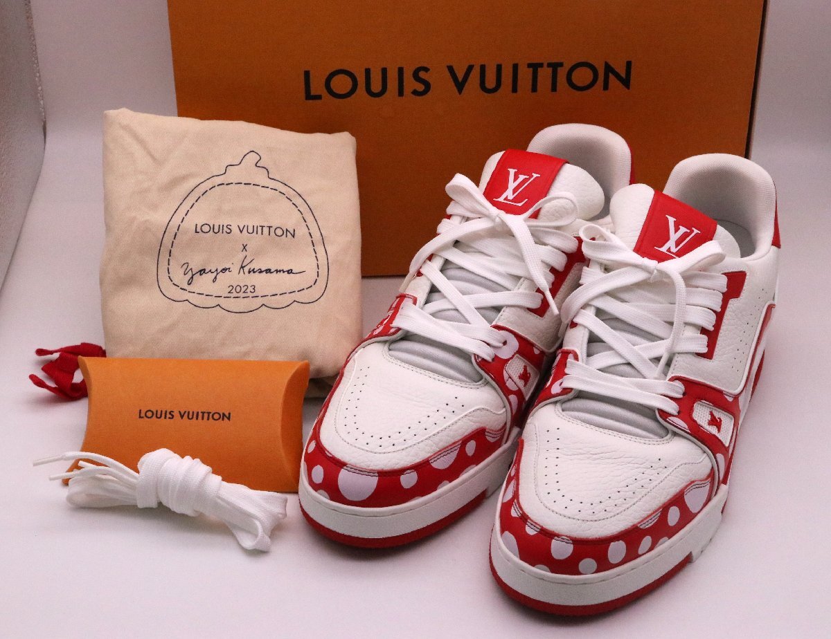 【美品】LOUIS VUITTON ルイヴィトン × 草間彌生 トレーナーライン ローカット スニーカー サイズ9 27.5cm レッド 赤 白 箱 替え紐 保存袋_画像1