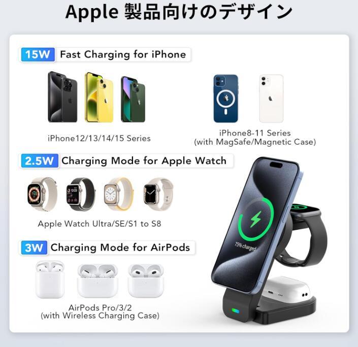 3in1 ワイヤレス充電器 マグネット式 折畳み 磁気充電 アダプタ付き_画像3