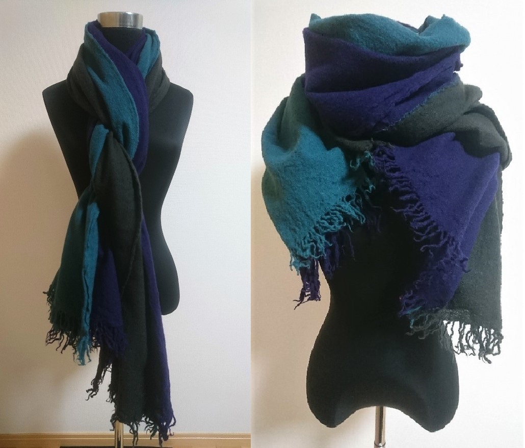 Y's ワイズ★縮絨素材三枚接ぎストール★水色×紫×カーキ_画像1