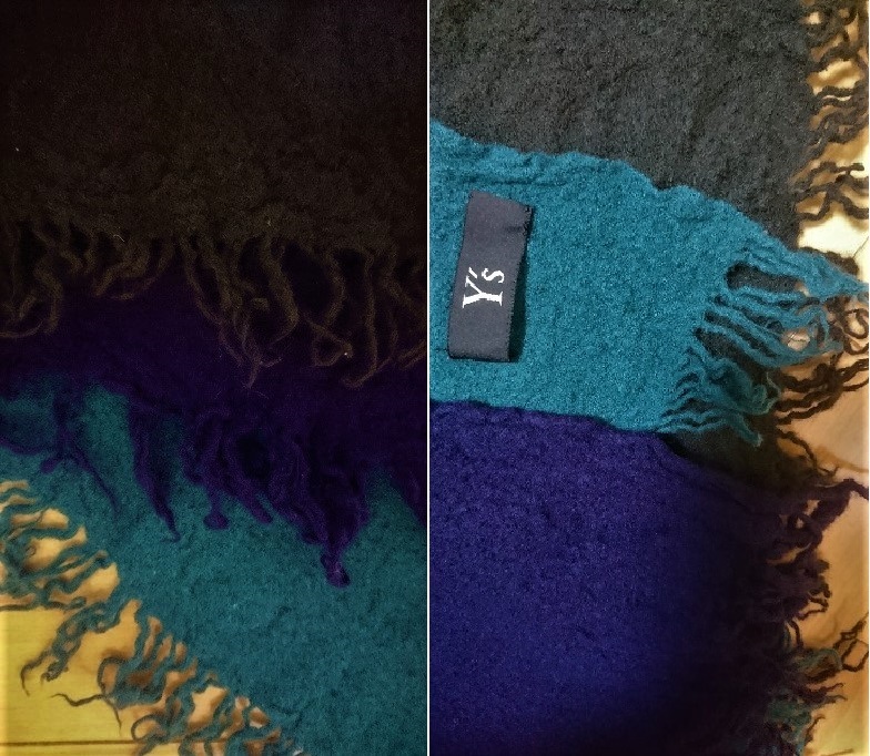 Y's ワイズ★縮絨素材三枚接ぎストール★水色×紫×カーキ_画像3